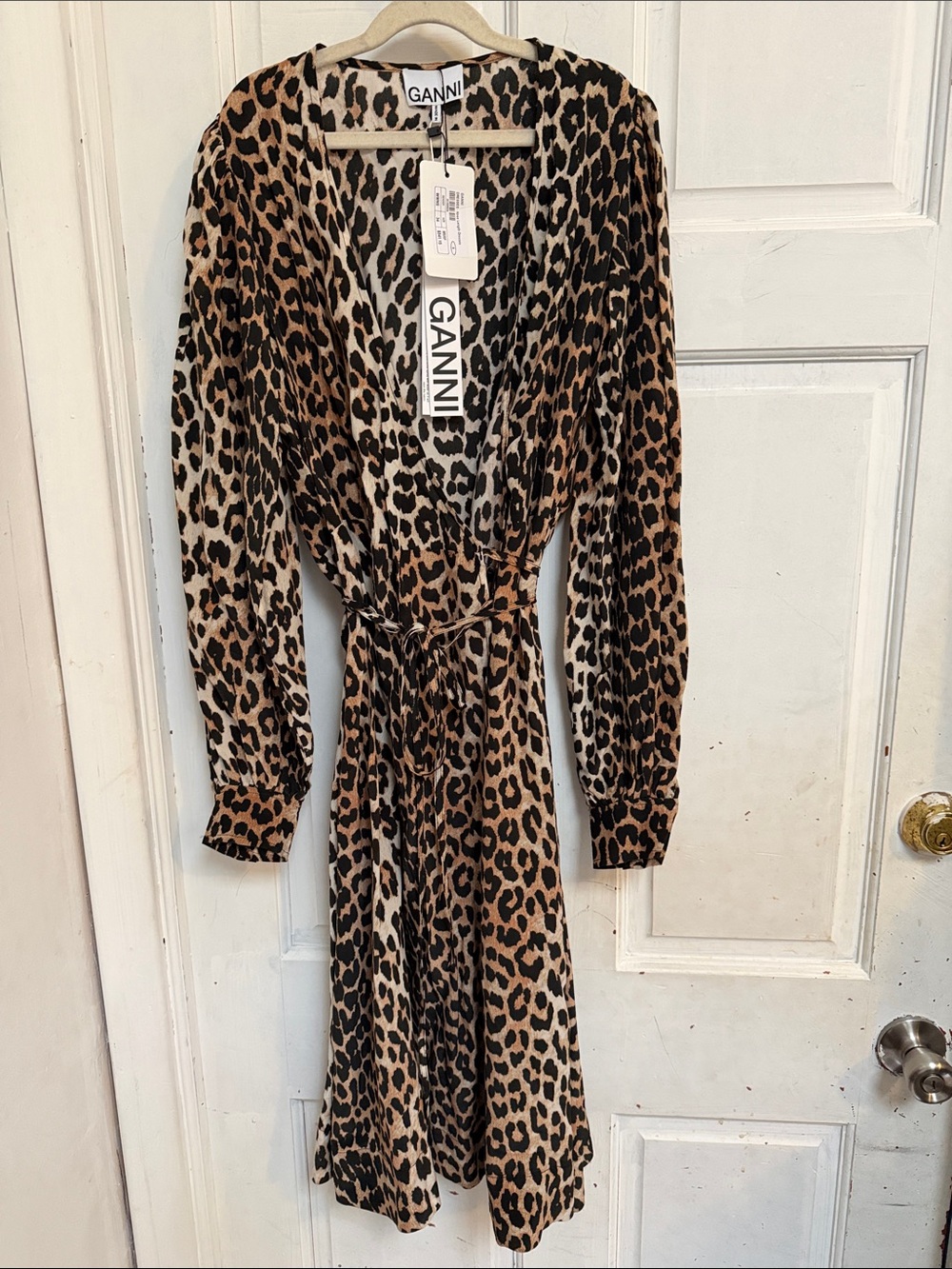 NWT Ganni Leopard-Print Long Sleeve Wrap Dress in Brown and Black size Small/34